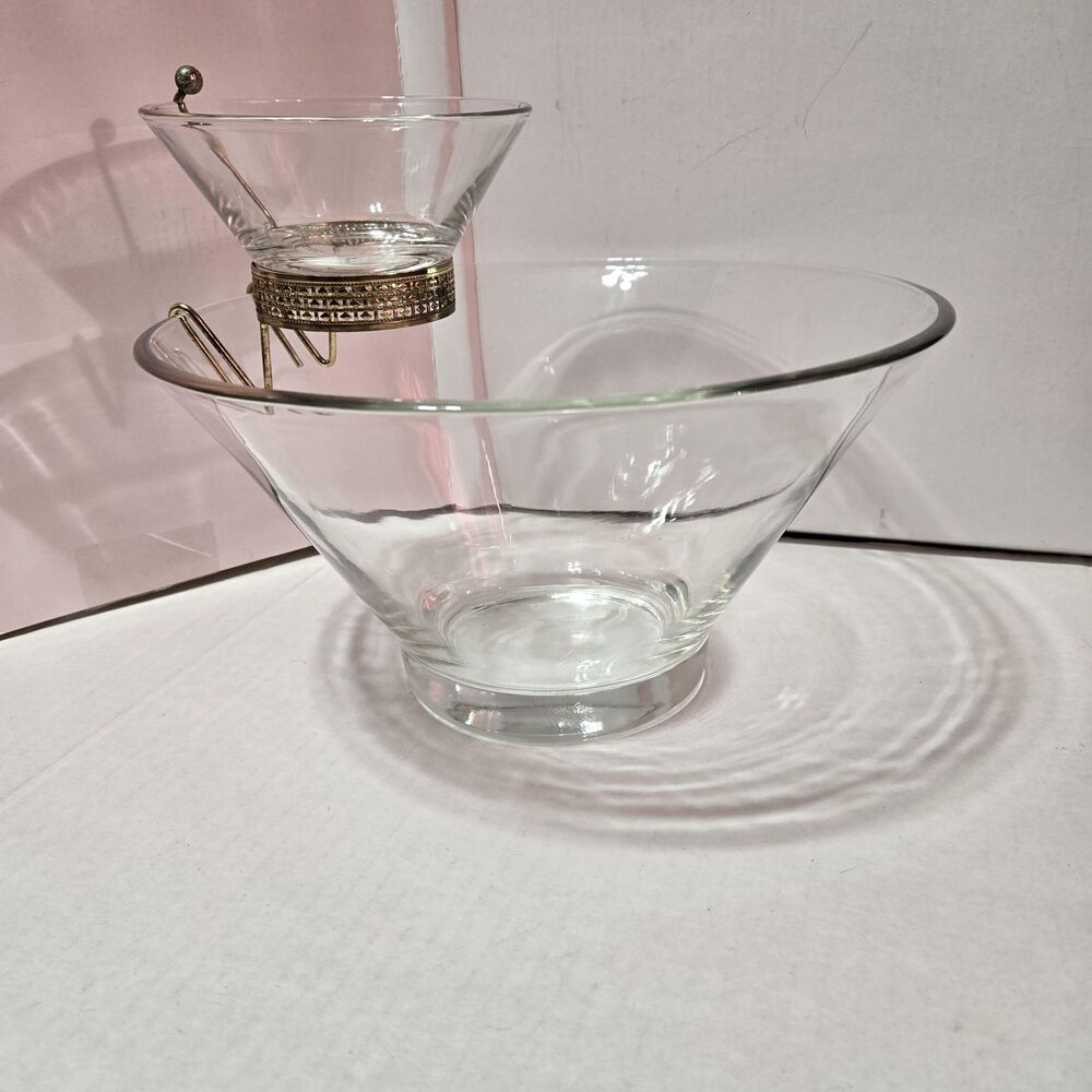 Vintage Anchor Hocking Crystal 3Pc Chip & Dip Set Brass Holder Original Box